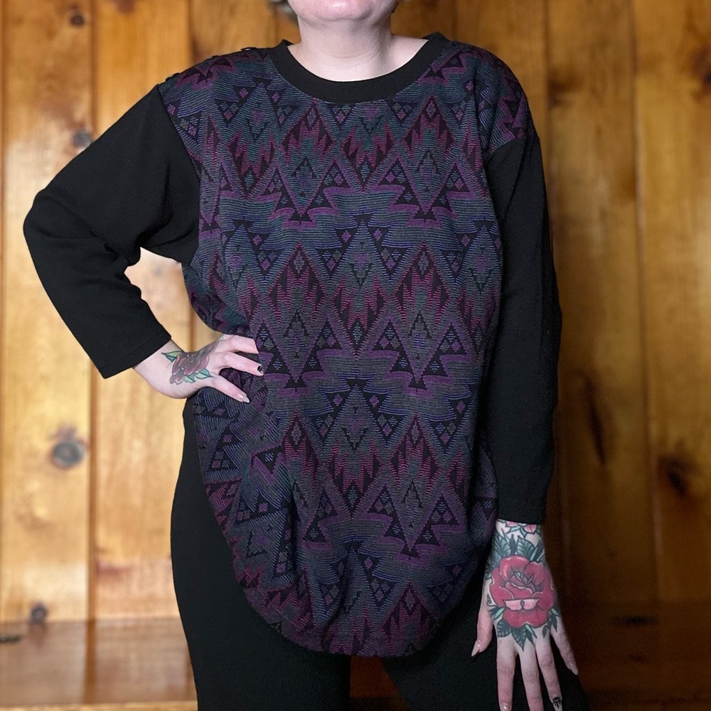 Vintage Geometric Patterned Women's Top - Black and Purple